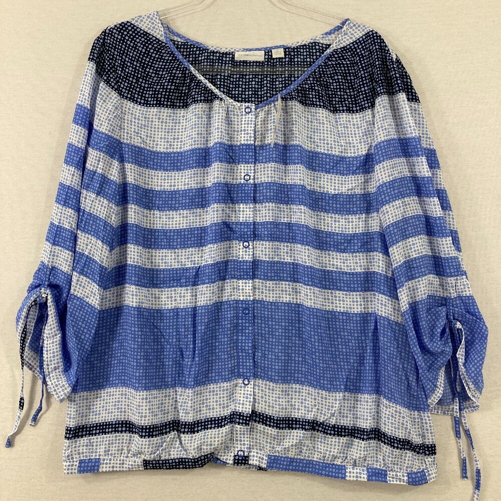 NWT New York & Company Black Blue Striped‎ Ruched Sleeve Button Up XL Soft Flowy